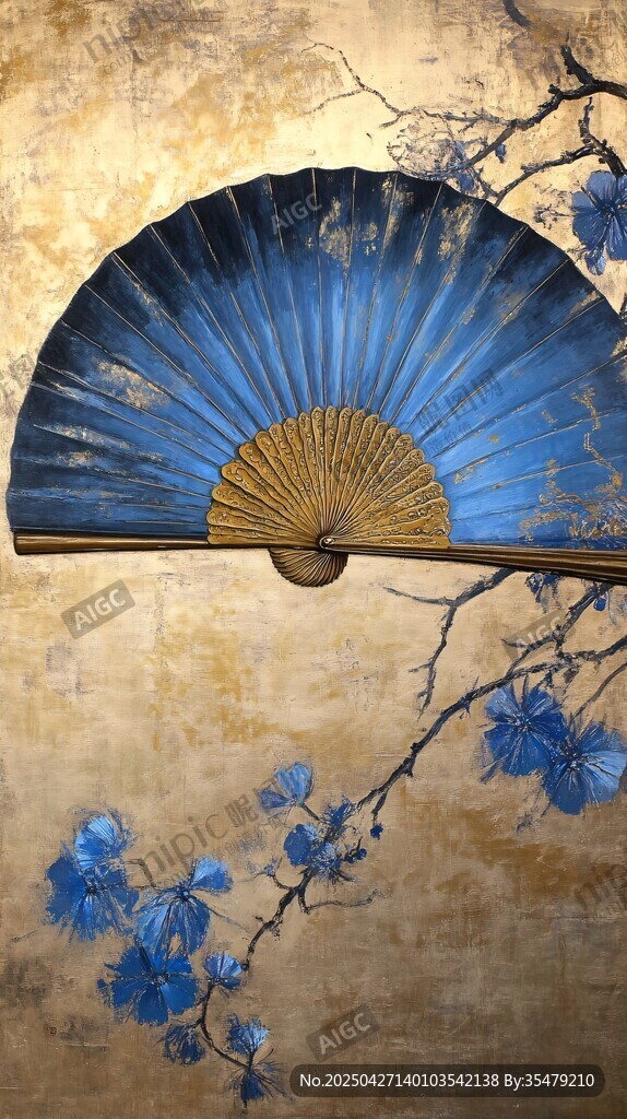 古风折扇与花枝装饰画
