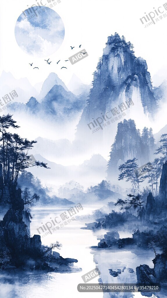 水墨山水月夜图