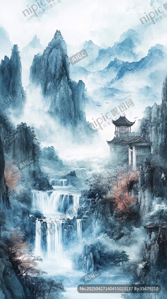 水墨山水间的古韵楼阁