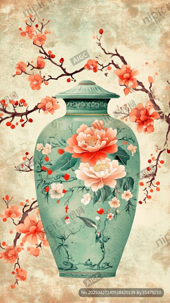 中式青花花瓶与绽放花枝