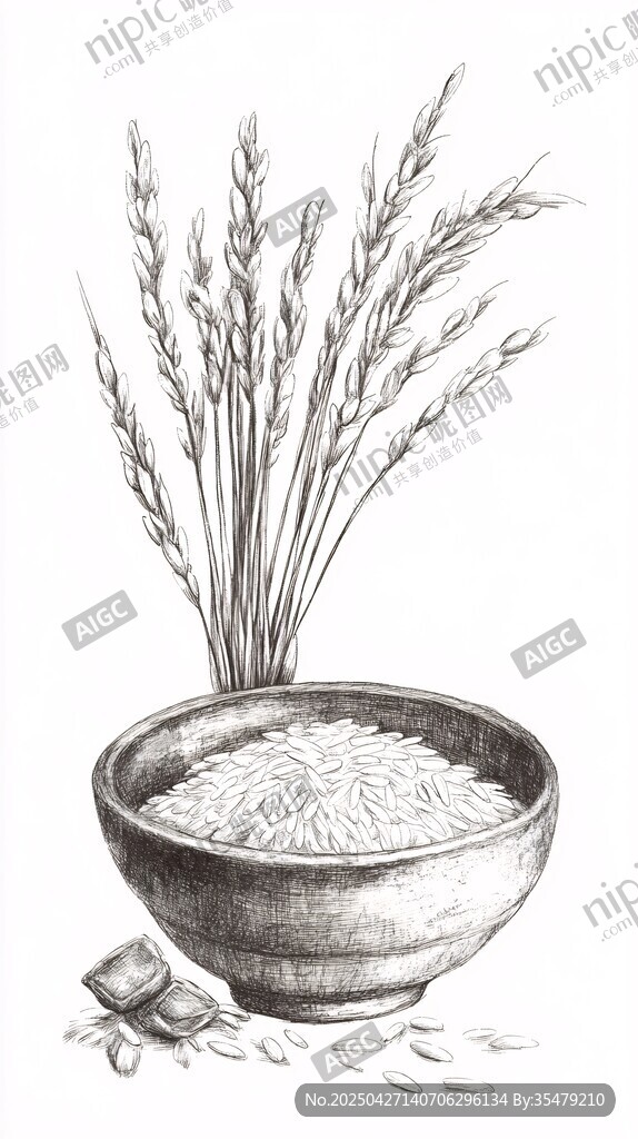 碗中稻米与稻穗素描图
