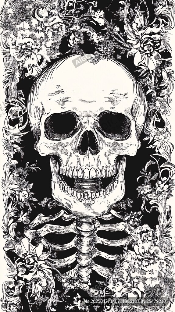 骷髅花卉黑白艺术插画