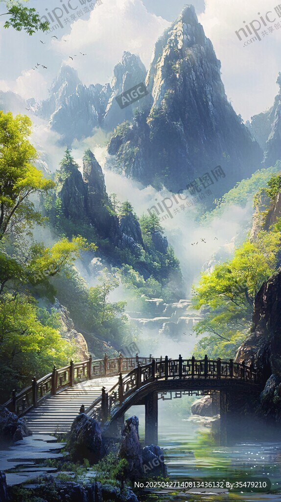 山水间木桥 自然诗意画卷