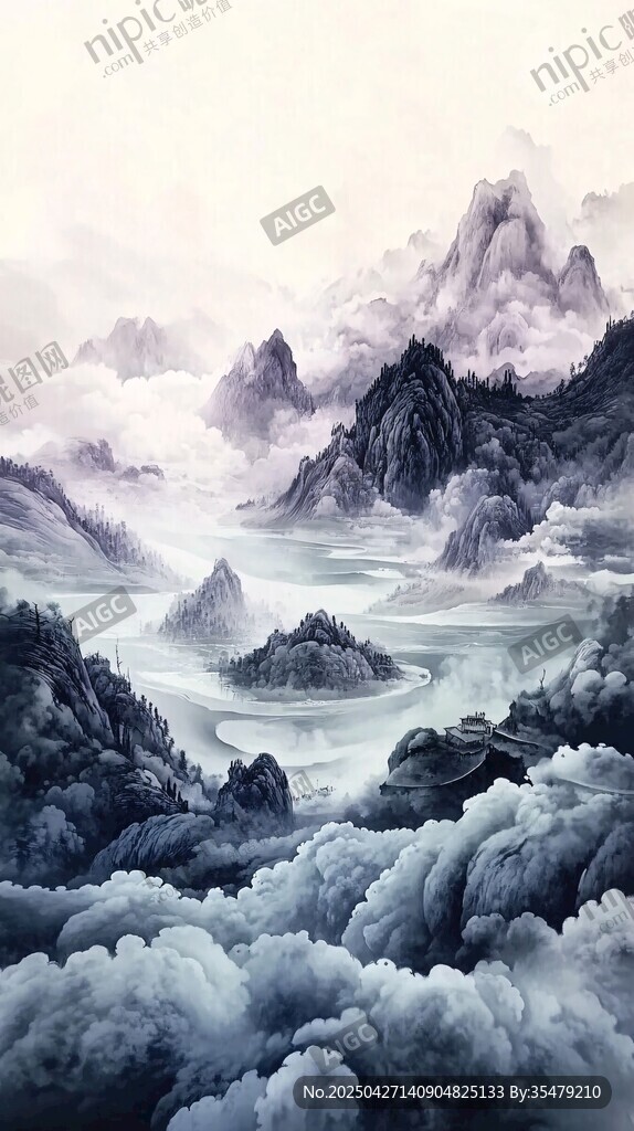 水墨群山云海诗意画卷