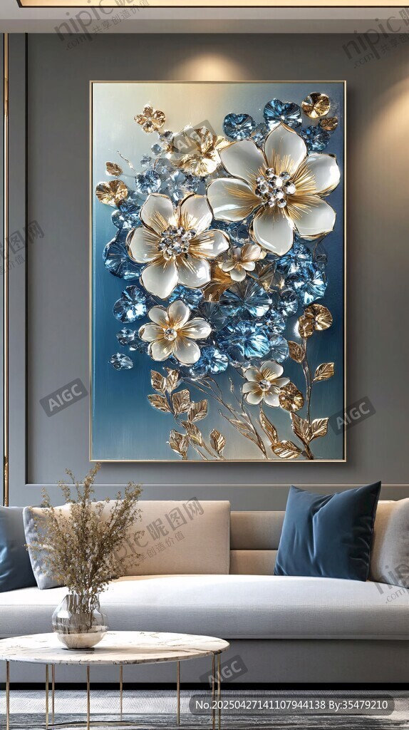 蓝金花卉装饰画 客厅新风景