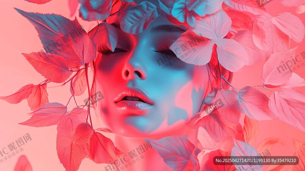 梦幻花叶环绕的唯美面庞