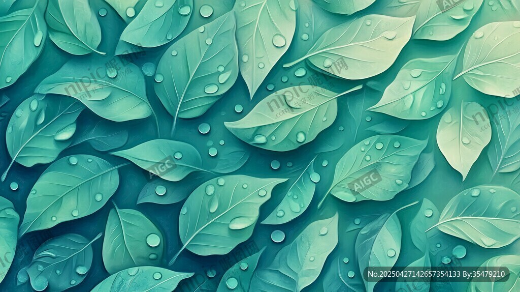 清新绿叶与晶莹水珠背景