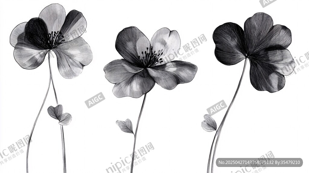 黑白花卉插画 简约艺术风