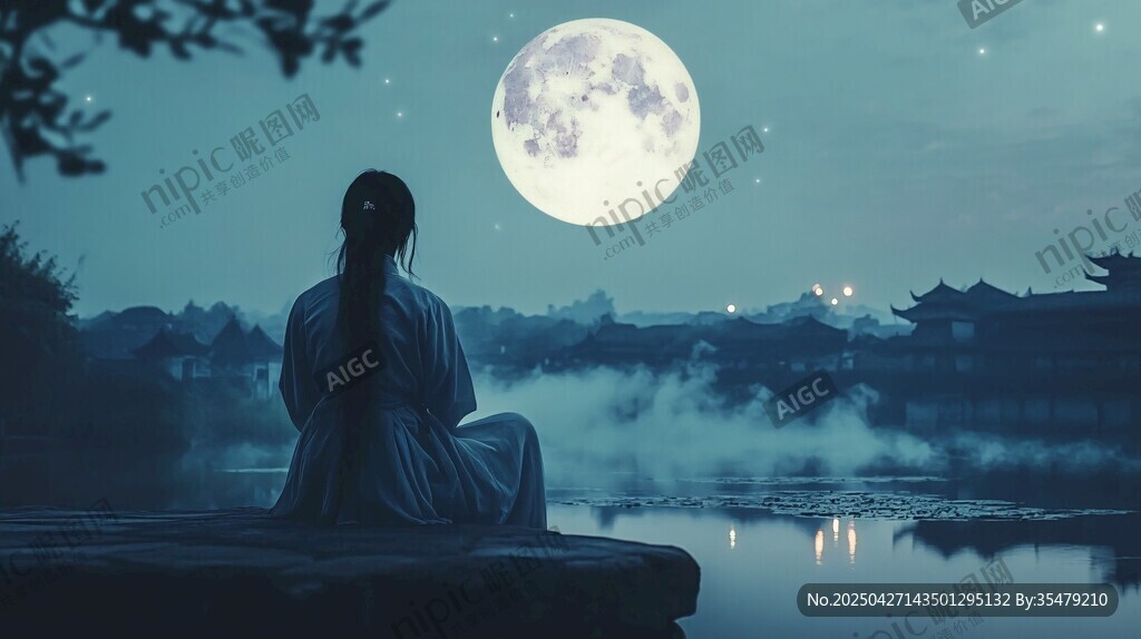 女子月夜独坐湖畔赏景