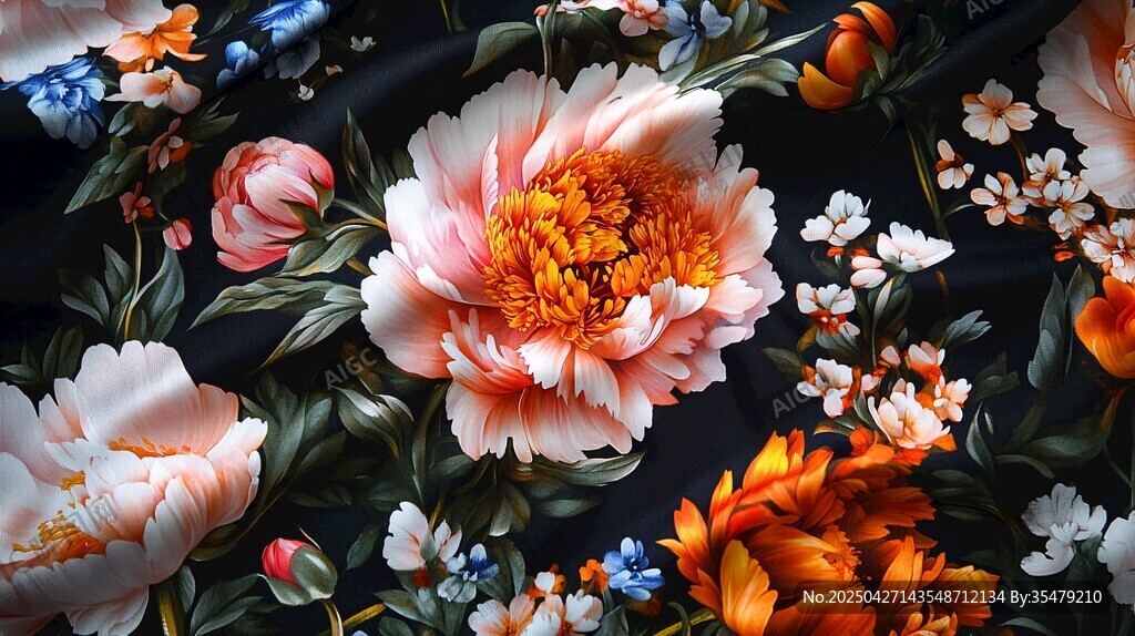 绚丽花卉图案布料特写