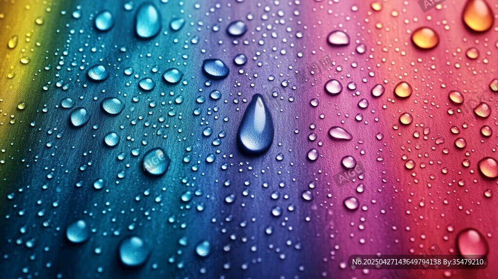 彩虹背景上的晶莹水滴