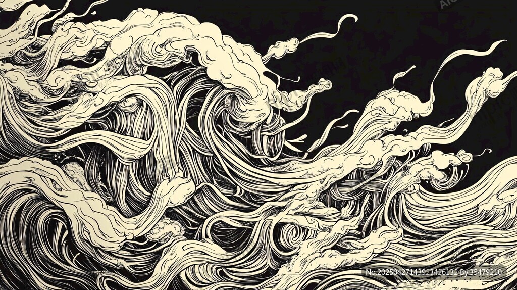 黑白海浪线条艺术插画