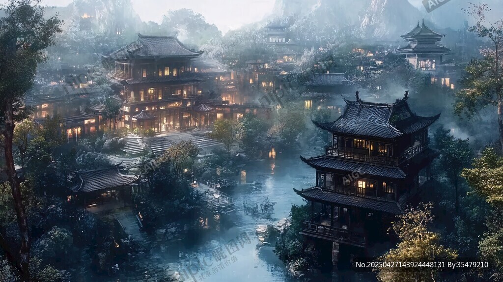 梦幻古风山水楼阁夜景