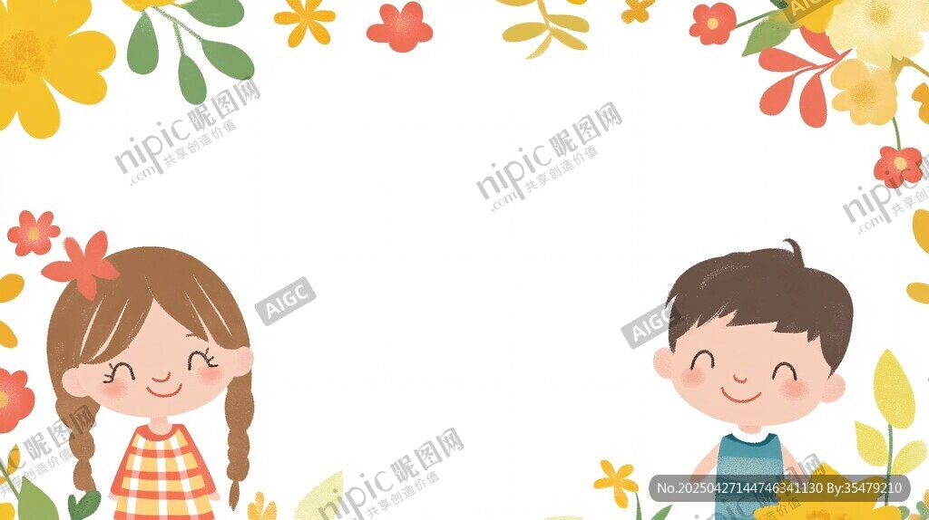 童趣花卉边框中的可爱孩童