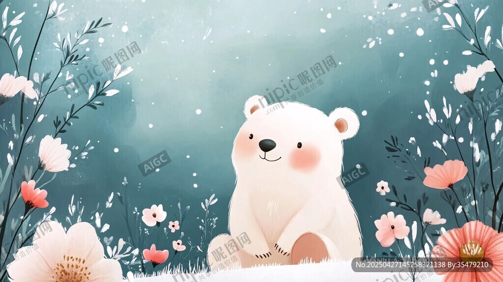 可爱北极熊置身繁花雪景中