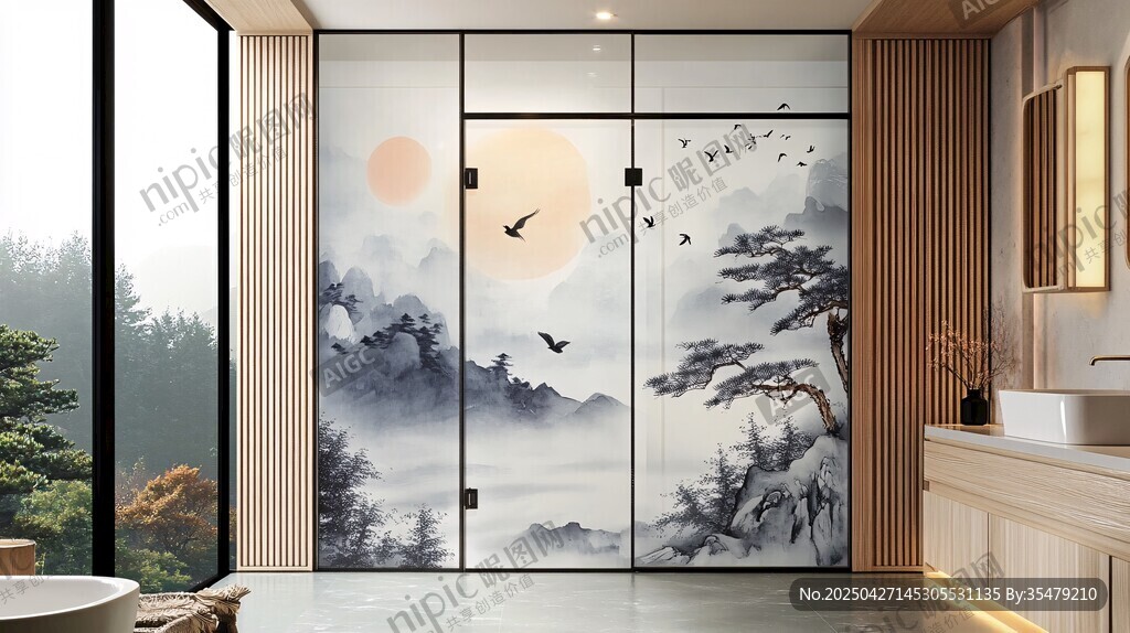 中式山水意境浴室玻璃门