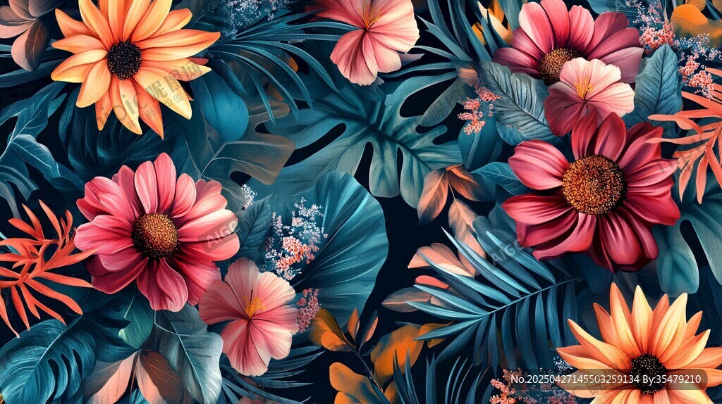 热带花卉与绿叶绚丽图案