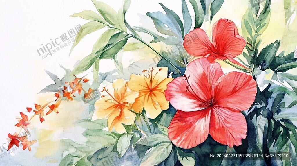 水彩绘绚烂花卉植物美景