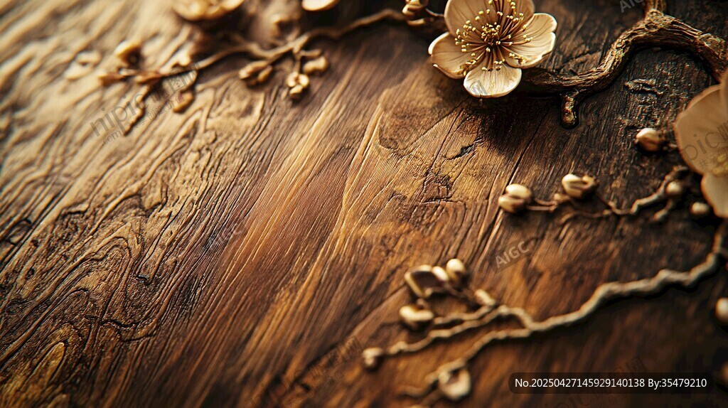 木质背景上的精致金色花朵