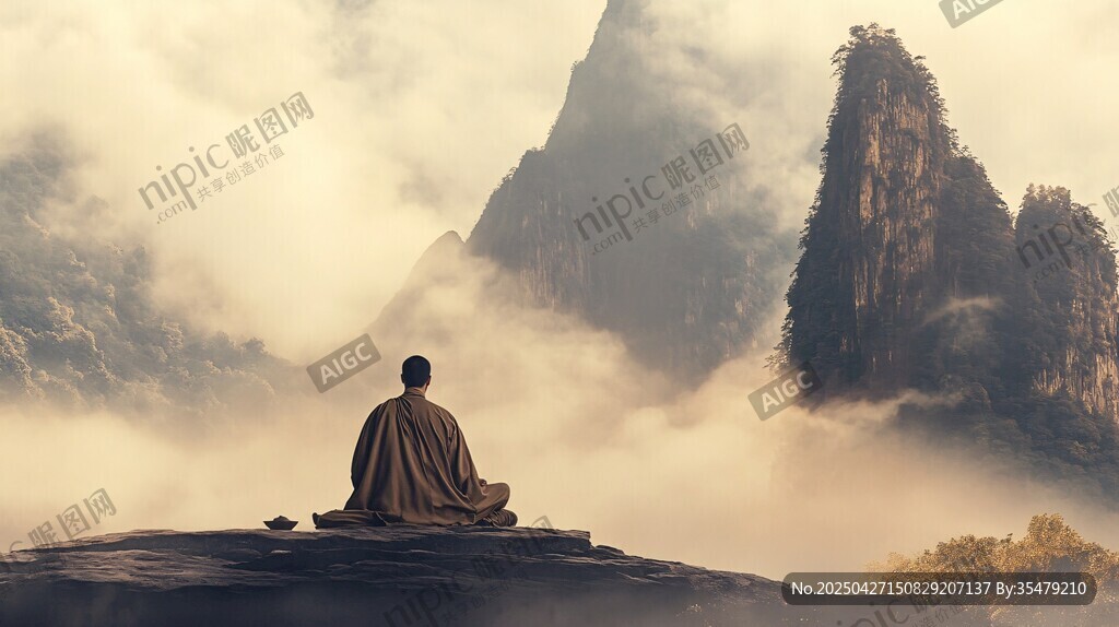 山中僧者坐禅于云雾间