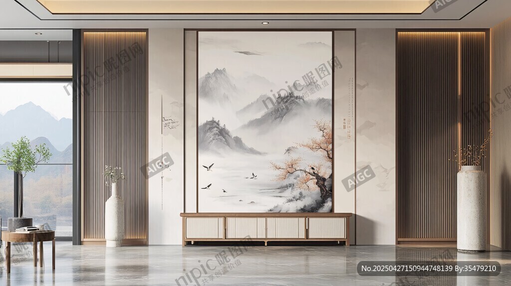 中式客厅山水壁画装饰