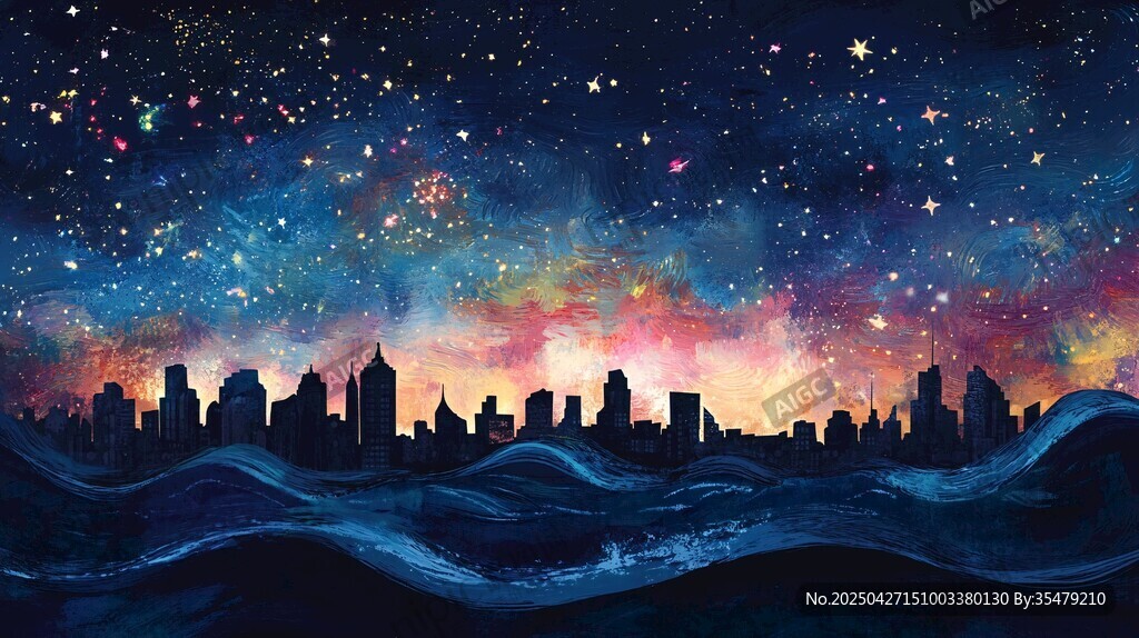 梦幻星空下的城市剪影