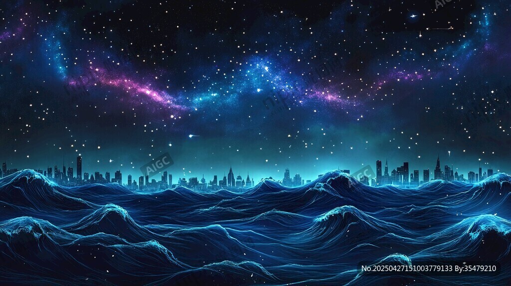 梦幻星空下的城市与海浪