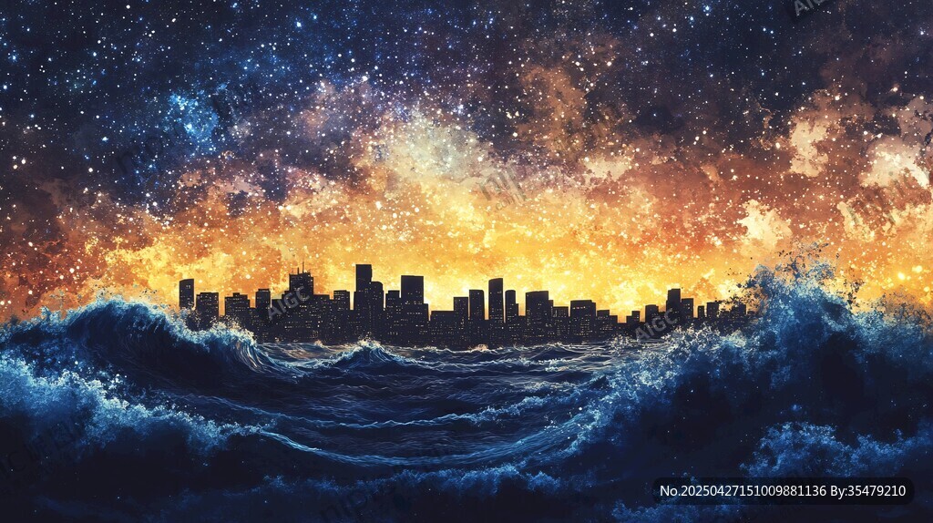 星空下城市与海浪的奇幻景