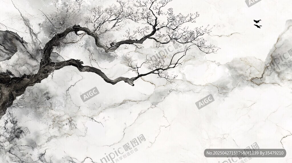 水墨孤枝飞鸟意境图