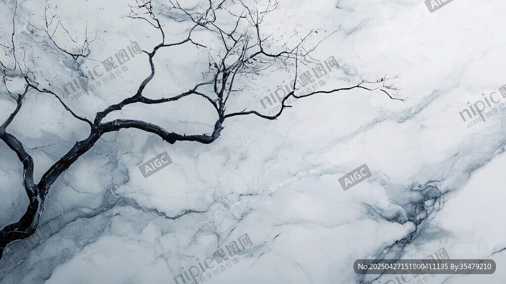水墨风枯树与大理石纹理
