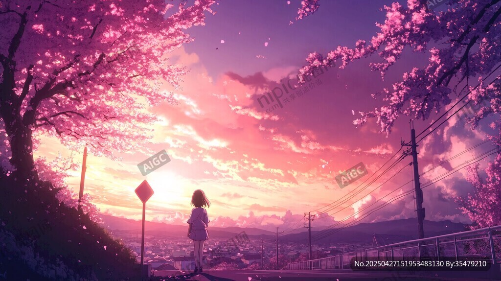 黄昏下少女赏烂漫樱花景