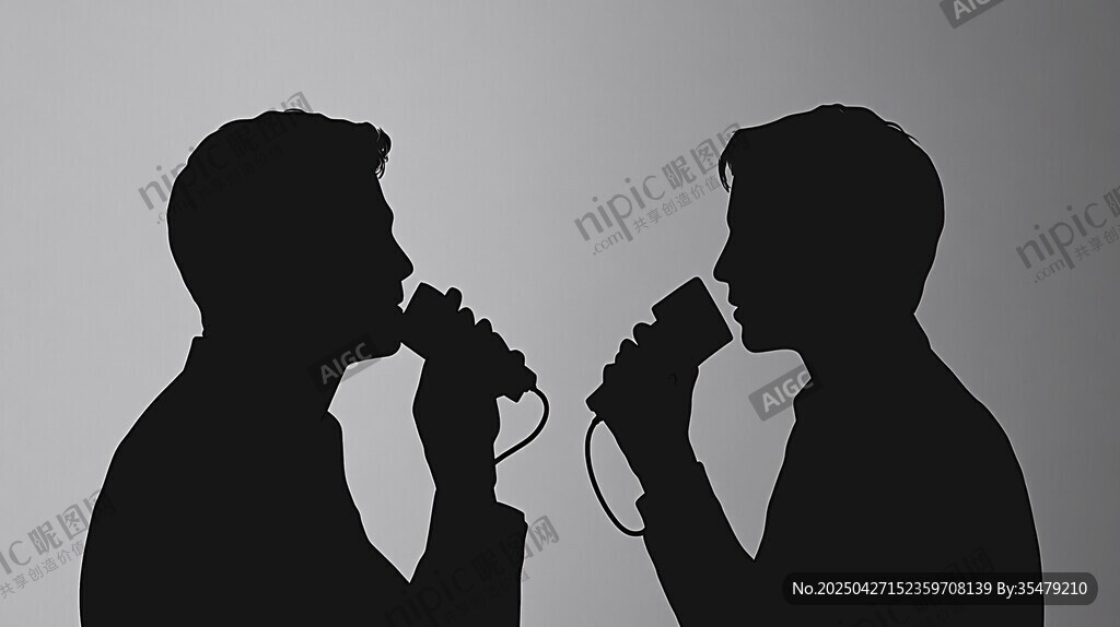 两人用简易话筒对话剪影