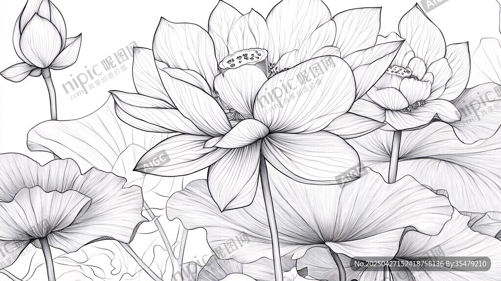 黑白线描荷花花卉图案