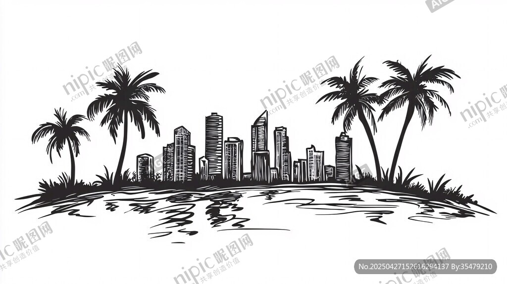 海滨城市风景手绘插画
