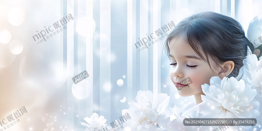 窗边女孩与绽放的白花