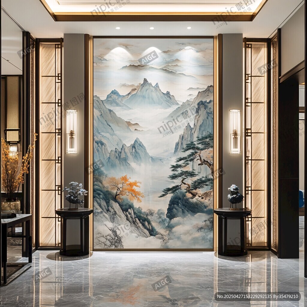 中式玄关山水壁画装饰美