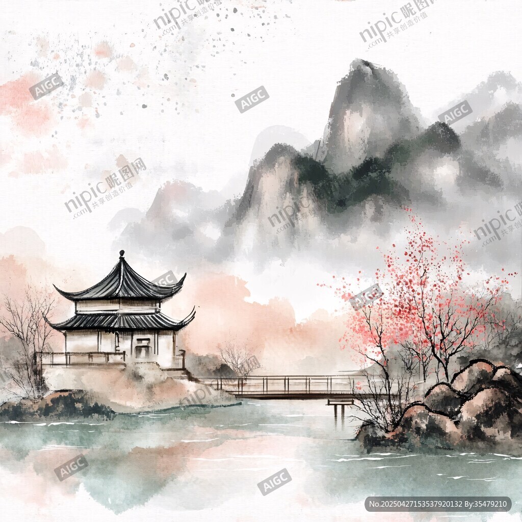 水墨江南山水亭阁图