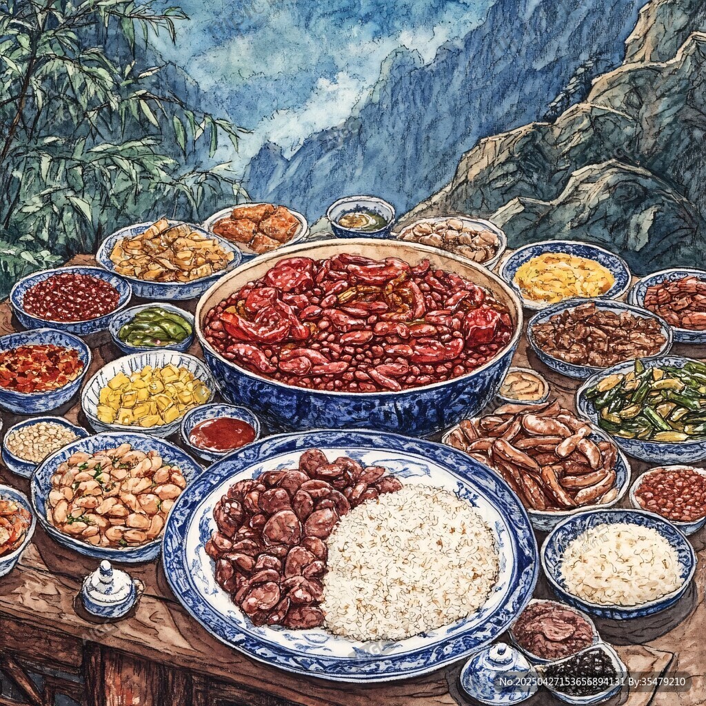 山间丰盛美食盛宴