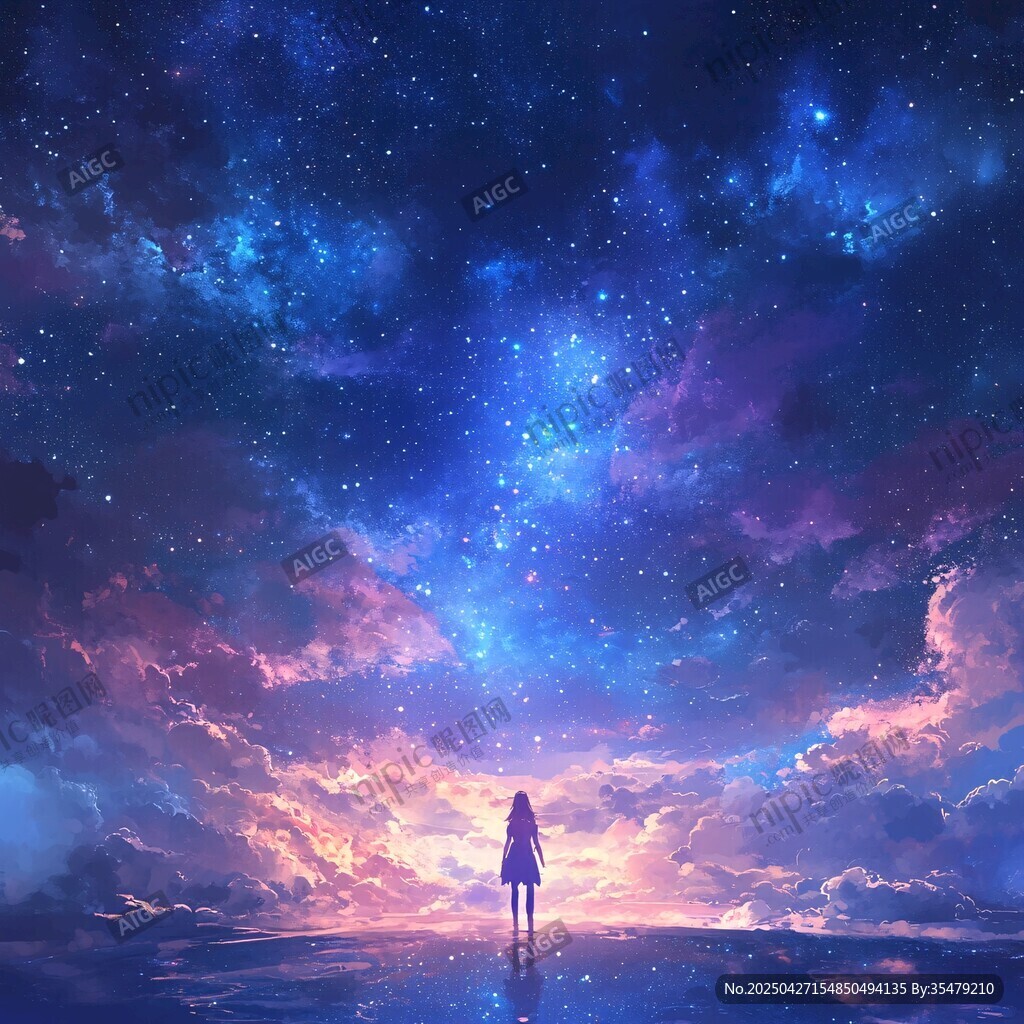 少女独赏梦幻星空夜景