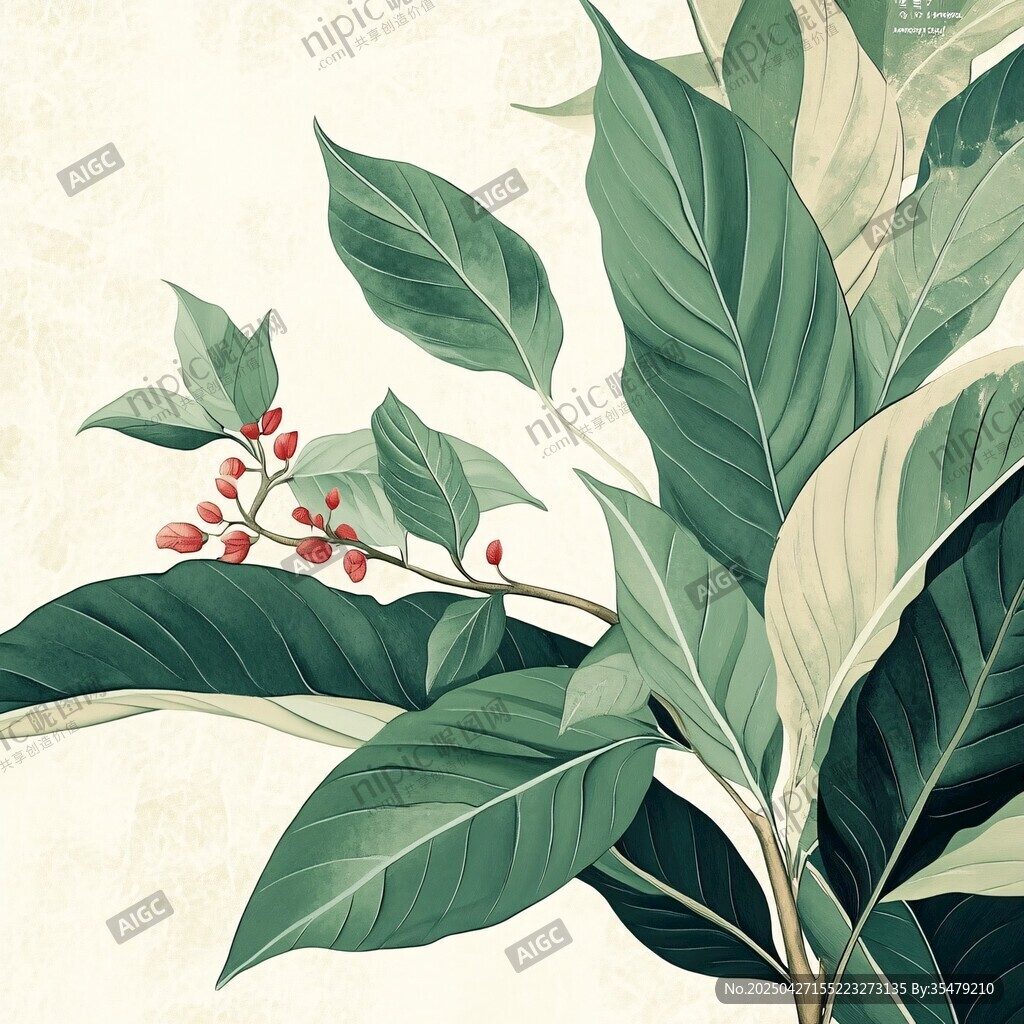 绿叶红果植物插画