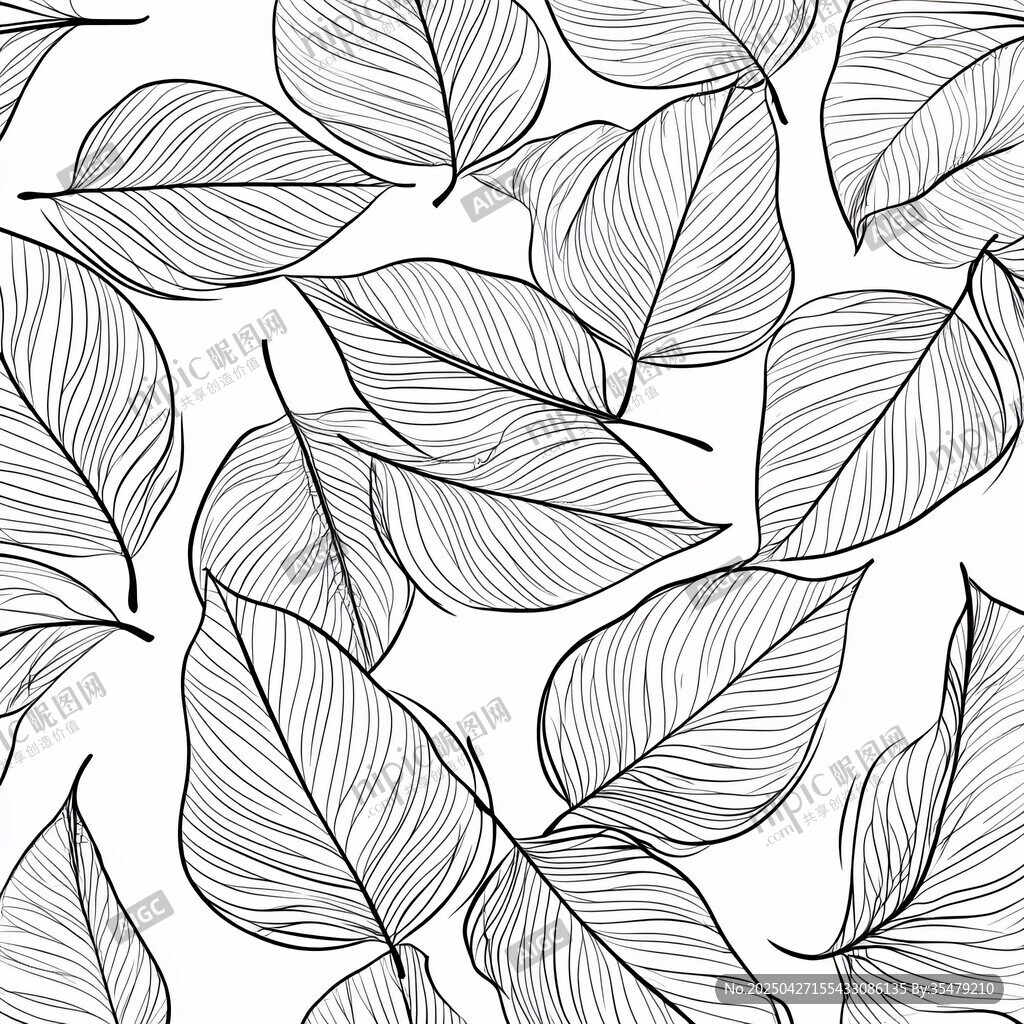 手绘线条叶片无缝图案
