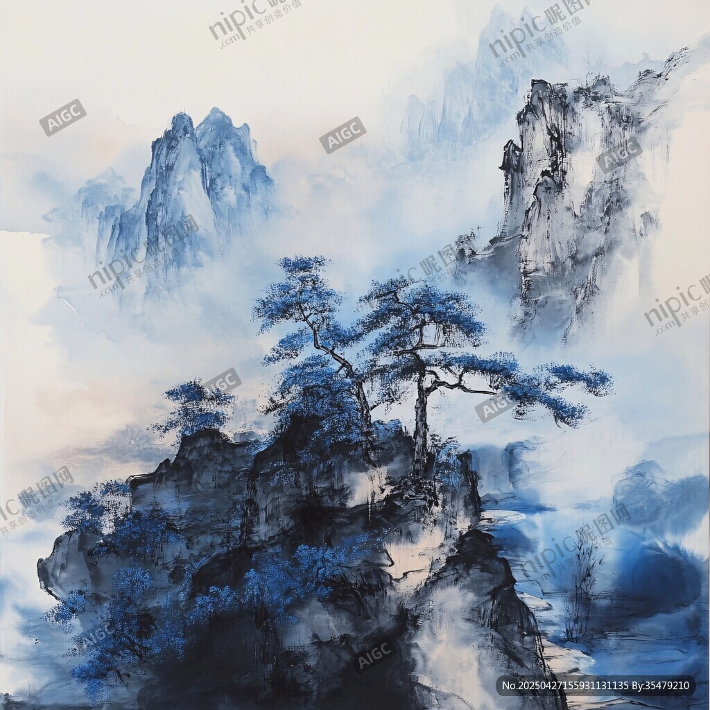水墨山水间的孤松挺立