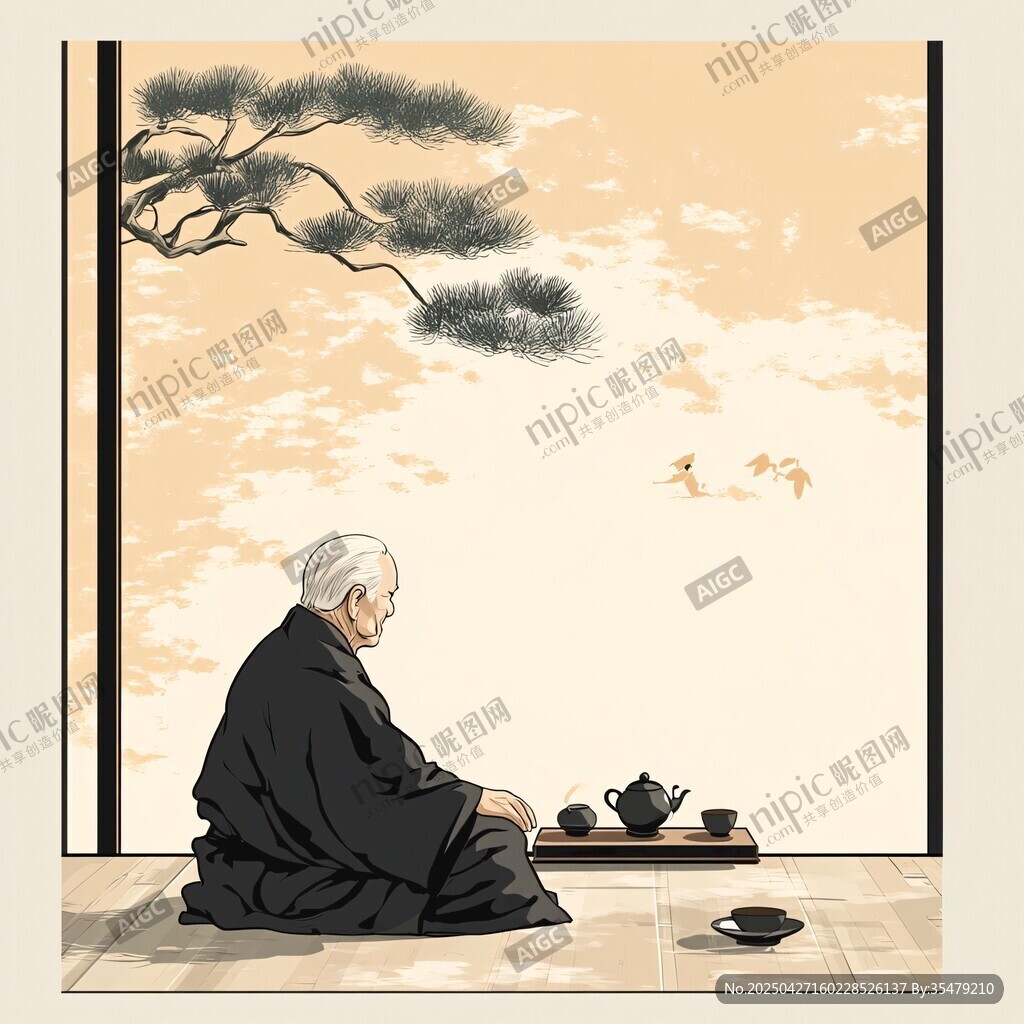 老者静室独品茶香