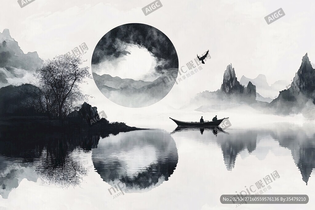 水墨山水间的孤舟月夜行