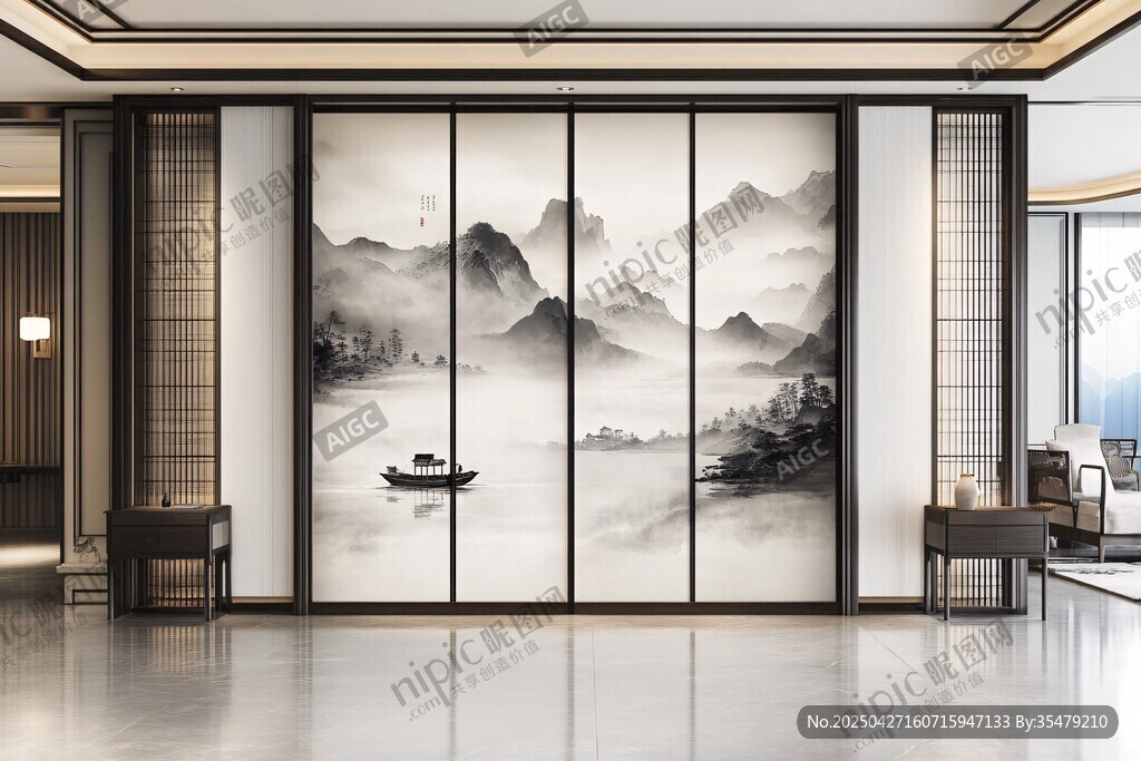 中式山水屏风装饰客厅