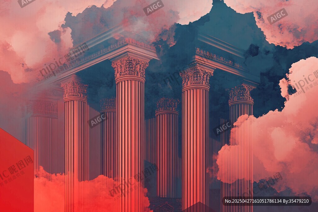 梦幻云雾中的古典柱廊