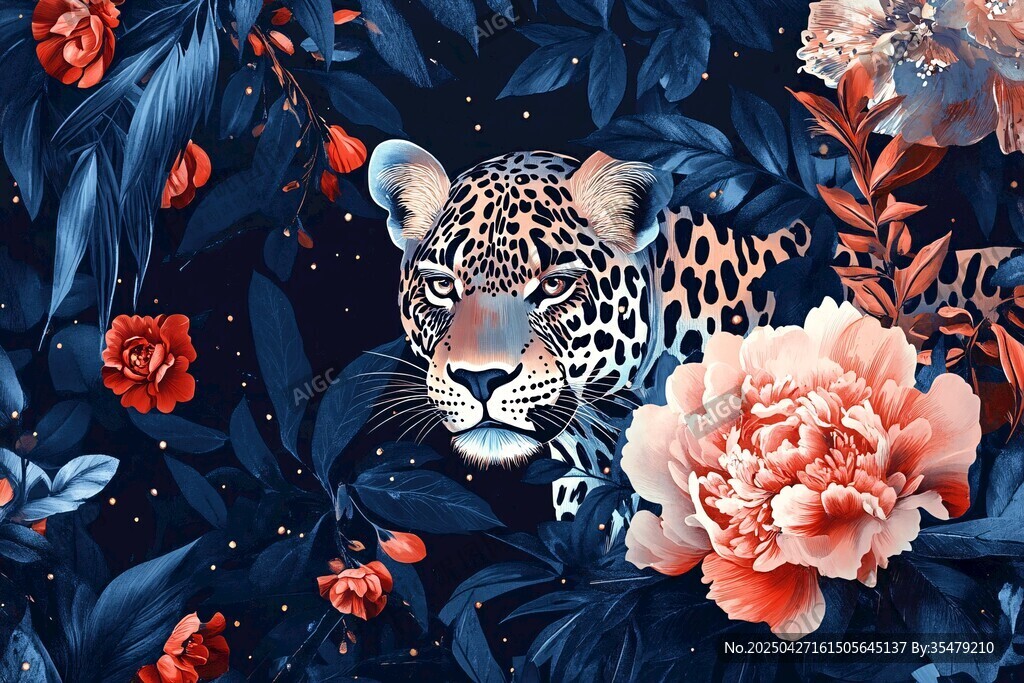 豹与繁花的梦幻自然图景
