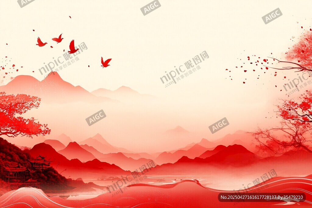 水墨红韵山水飞鸟图景