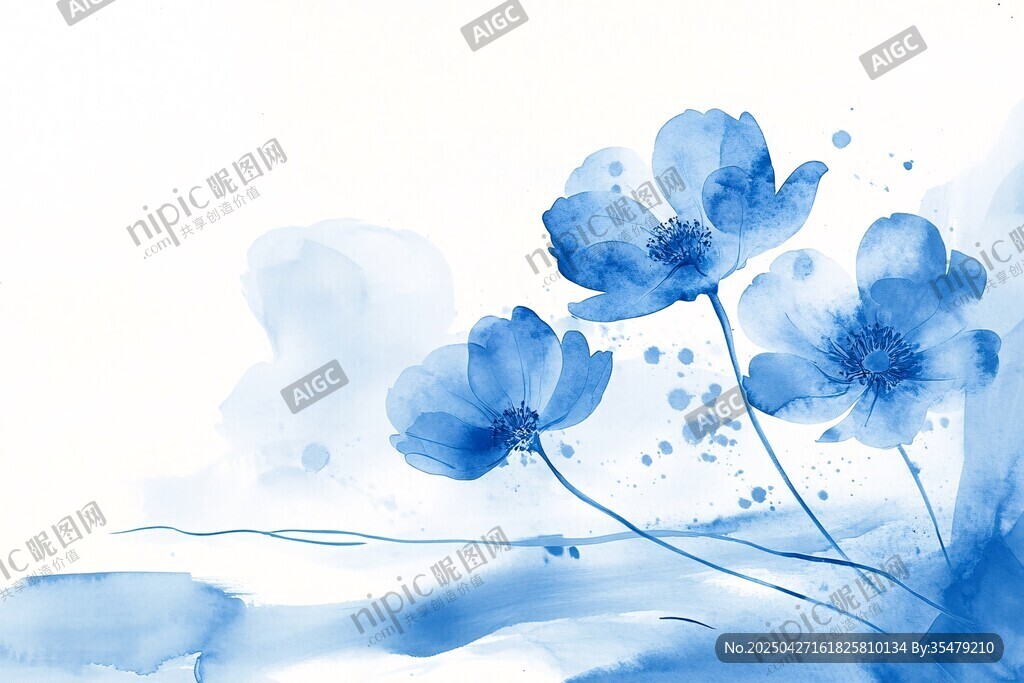 蓝色水彩花卉唯美画面