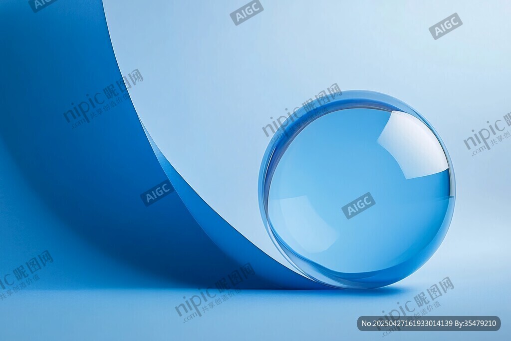 蓝色玻璃球与卷曲纸片